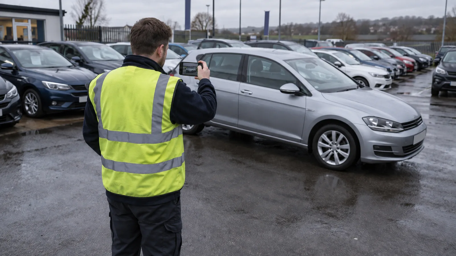 A dealership yard on an overcast morning. An assessor in a hi-vis vest films the side of a silver hatchback on a phone.