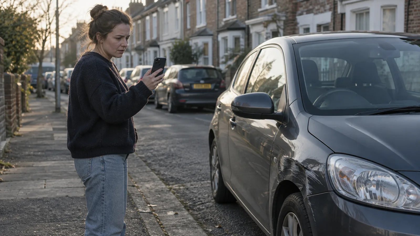 A woman on a terraced street filming the front wing of her own car, where the panel is creased.