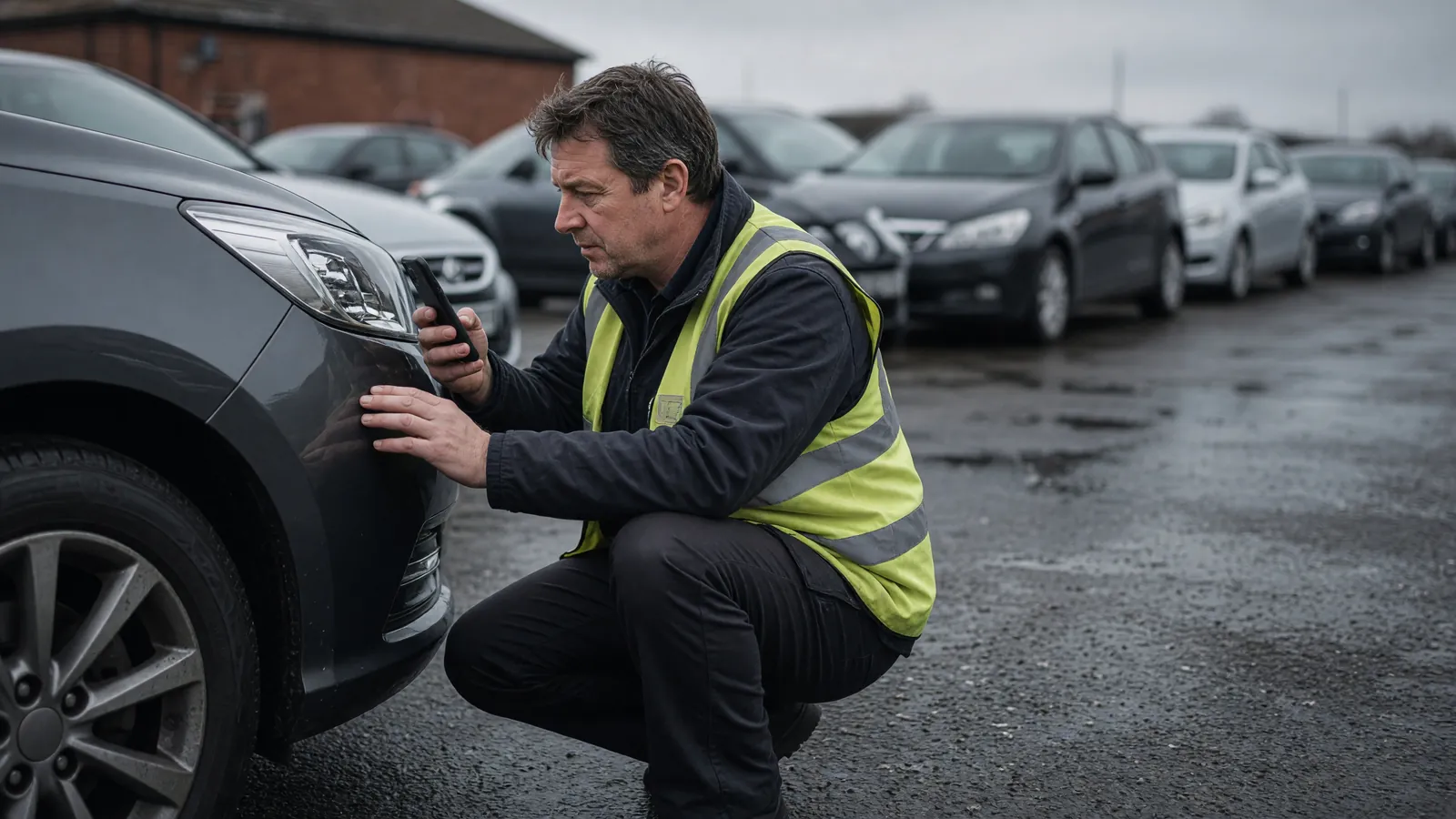An assessor in a hi-vis vest crouching beside the front wing of a dark hatchback in a yard, holding a phone close to the panel.