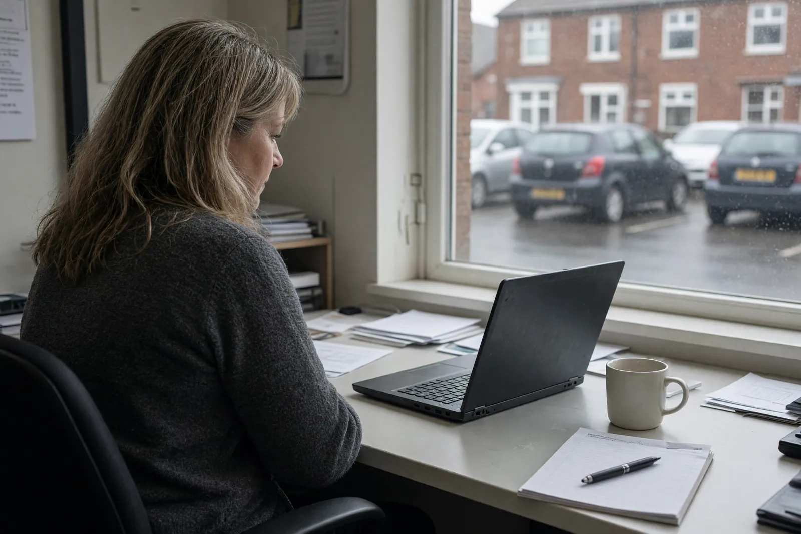 A woman at a desk in a dealership back office, reviewing something on a laptop turned away from the camera, a forecourt visible through the window behind her.