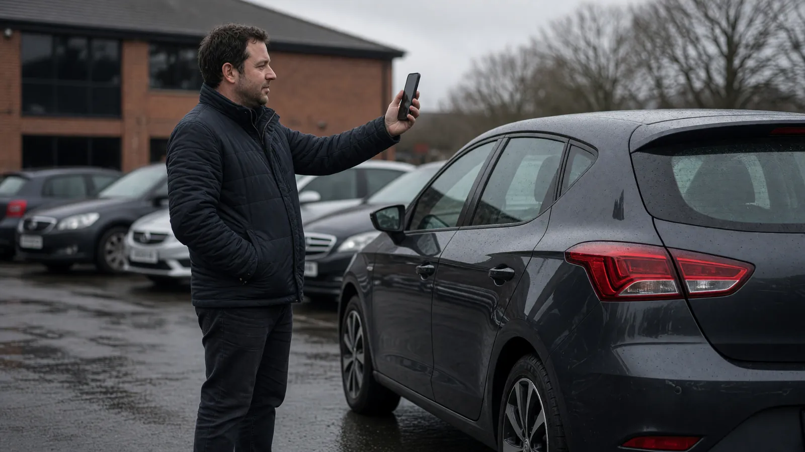 A phone held at arm's length beside the rear three-quarter of a hatchback on a dealer forecourt.