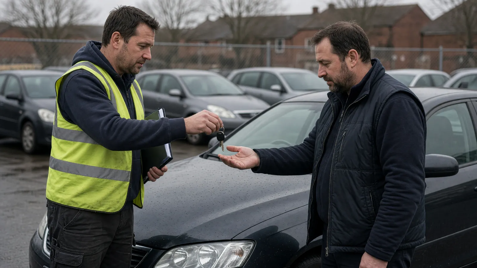 Two people in workwear passing a set of keys over a car bonnet in a vehicle compound.